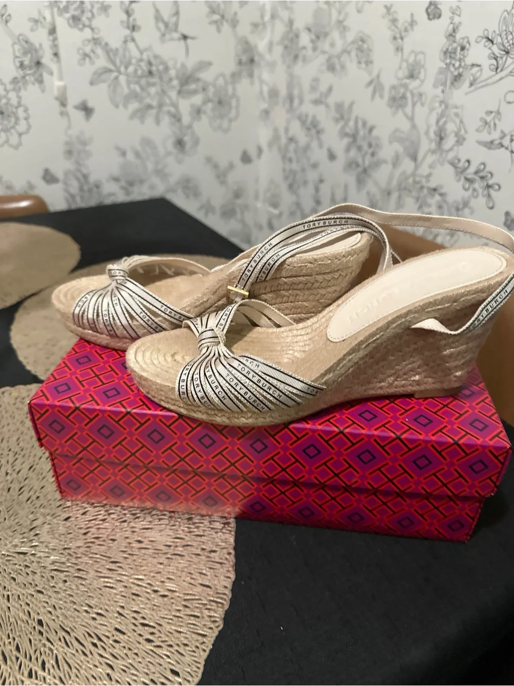 Tory Burch Beige Knotted Stripe Espadrille Mule